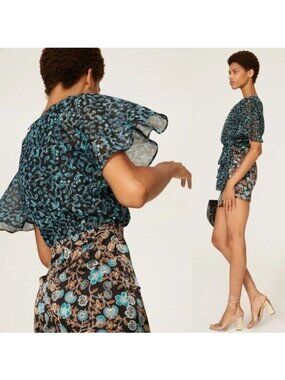 MISA Talia Dress L Butterfly Sleeve Ruffle Smocked Skirt Floral Chiffon Metallic